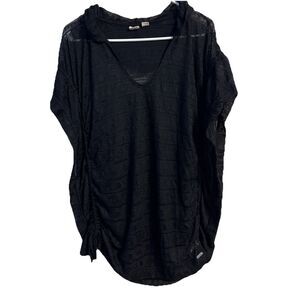 ROXY Black Tribal Open Knit Drawstring Cinched Sides Hooded Swim Cover Up - M